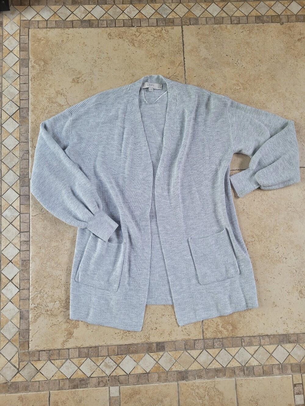 LOFT Light Gray Open-Front Pocket Cardigan Ribbed